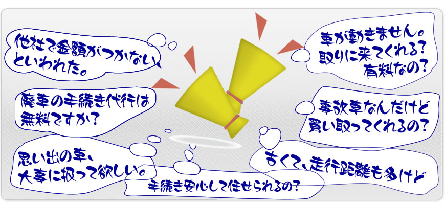他社で金額がつかないと言われた。車が動きません、取りに来てくれる？有料なの？廃車の手続き代行は無料ですか？事故車なんだけど買い取ってくれるの？古くて走行距離も多いけど。手続き安心して任せられる？思い出の車、大事に扱ってほしい。